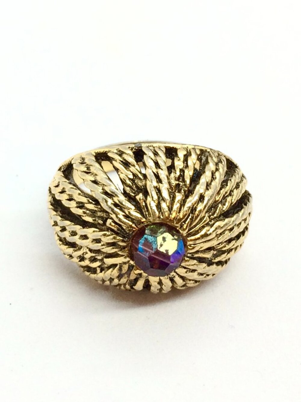 VINTAGE DOME RING Purple AB Crystal Gold Tone Rope Twist Adjustable Cocktail